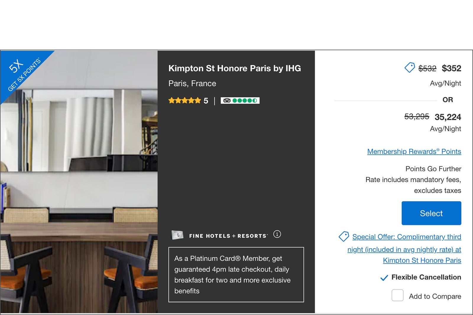 Amex Fine Hotels + Resorts third night free at Kimpton St. Honore Paris