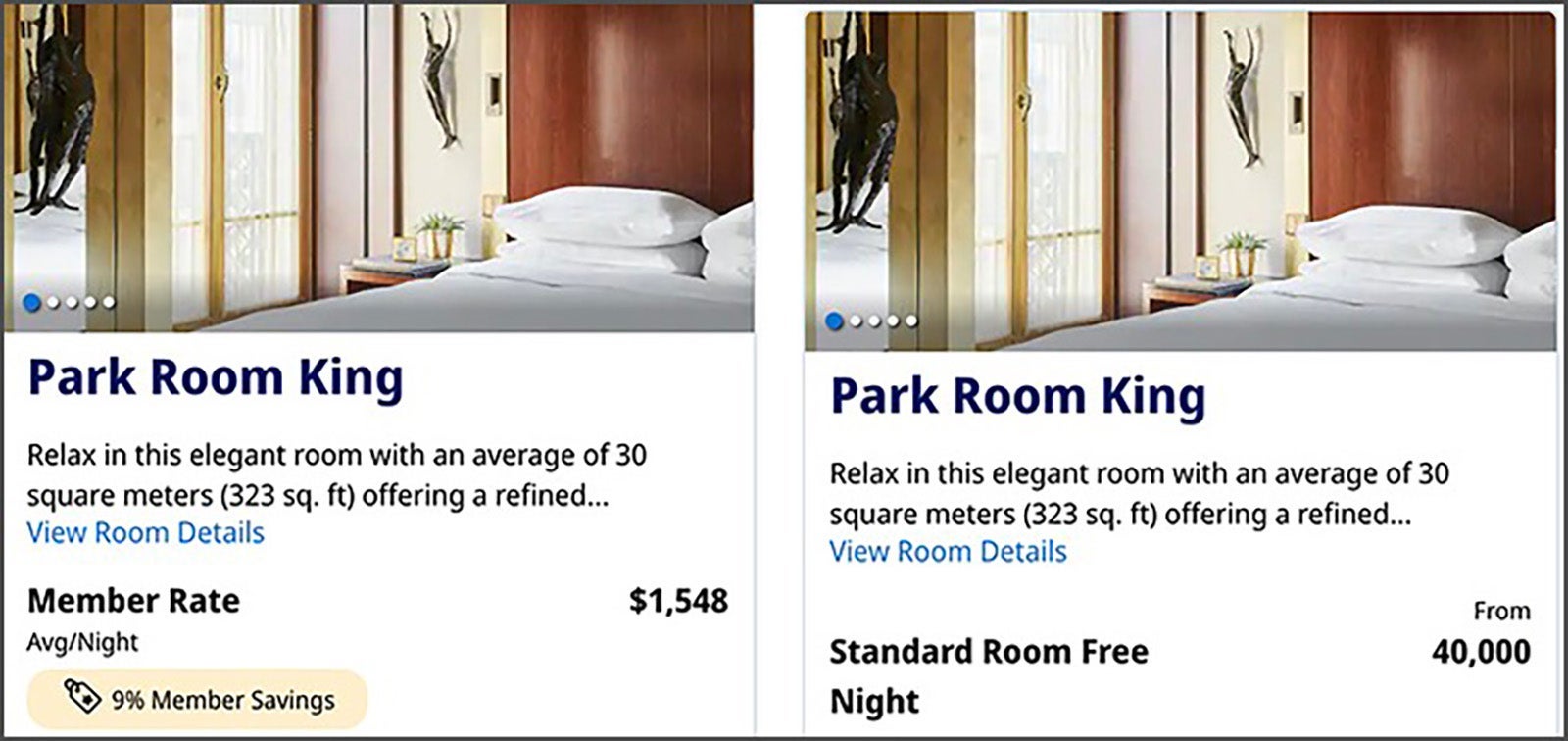 Cash price versus points price at Park Hyatt Paris-Vendome in Dec. 2025