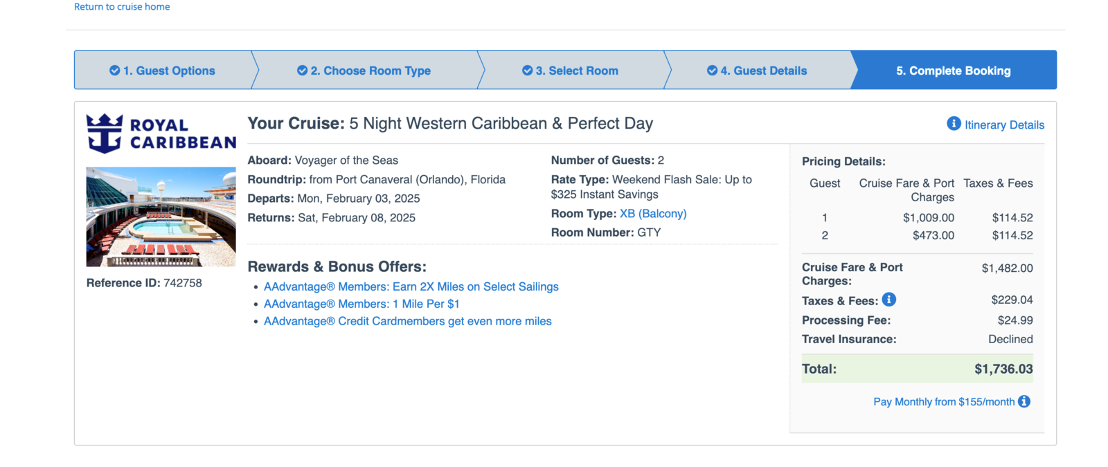 Cruise fare for two people