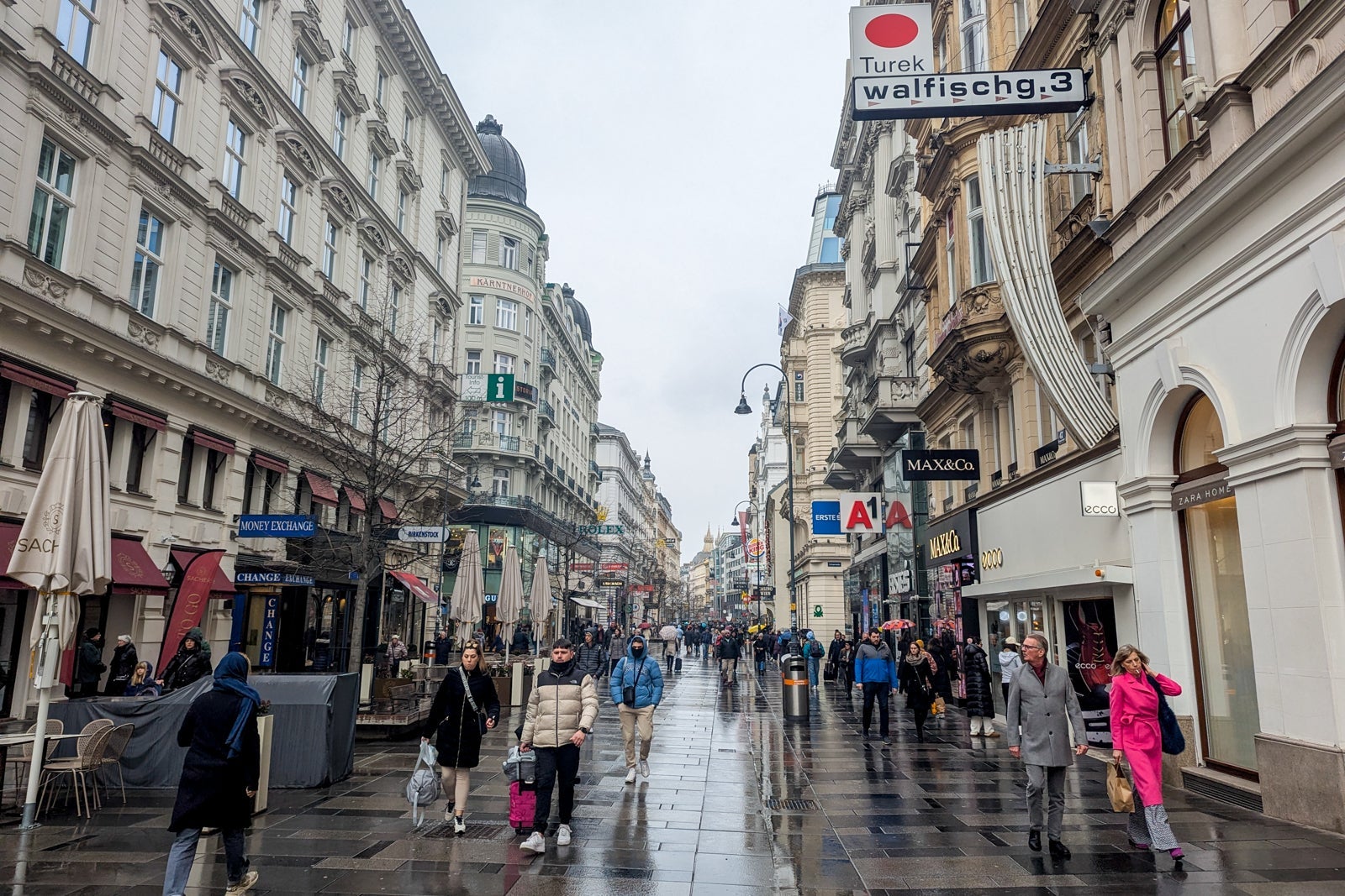 Pedestrian streets in Vienna in the rain