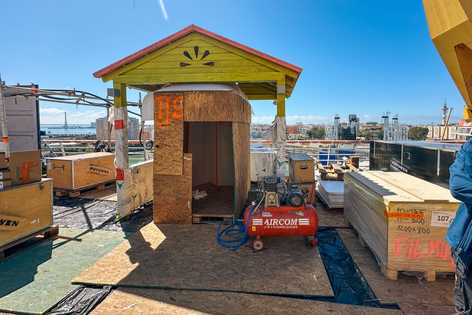 A cruise ship cabana under construction on the pool deck
