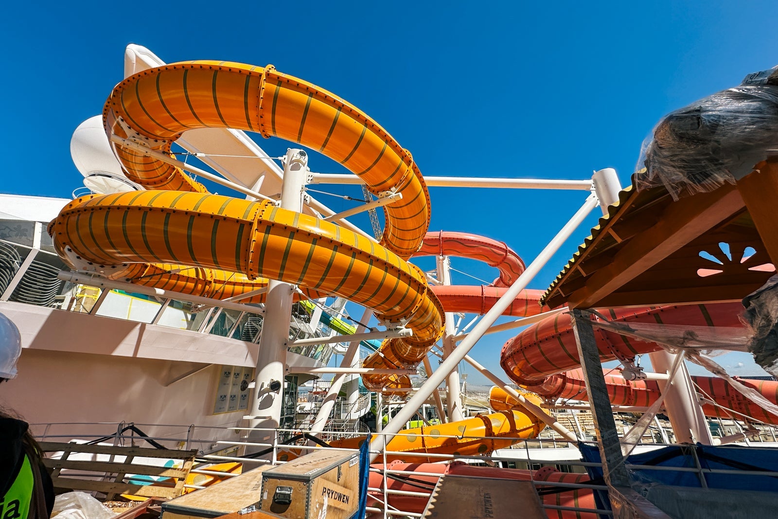 A trio of colorful, winding cruise ship waterslides