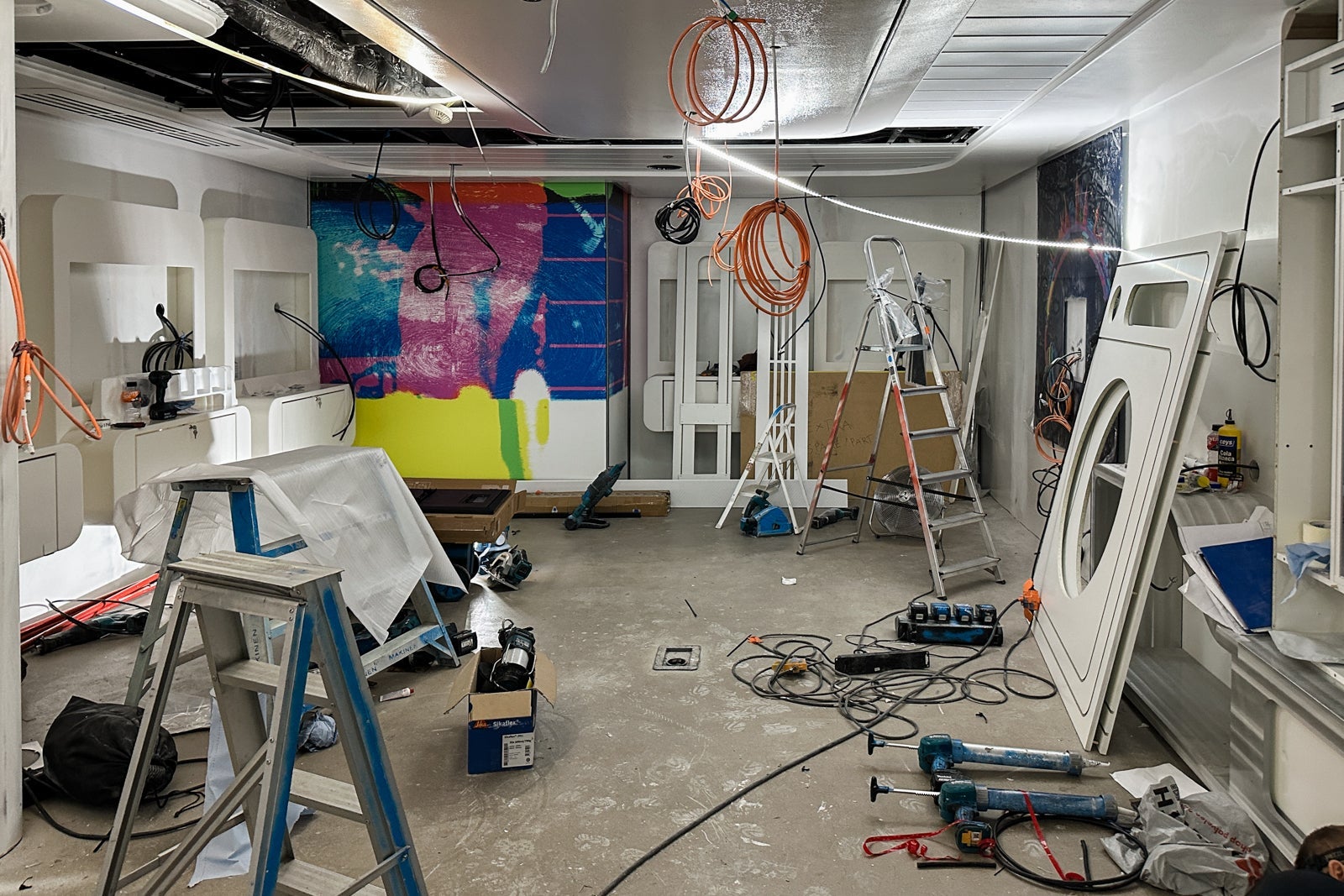 A small lounge area for teens on a cruise ship under construction