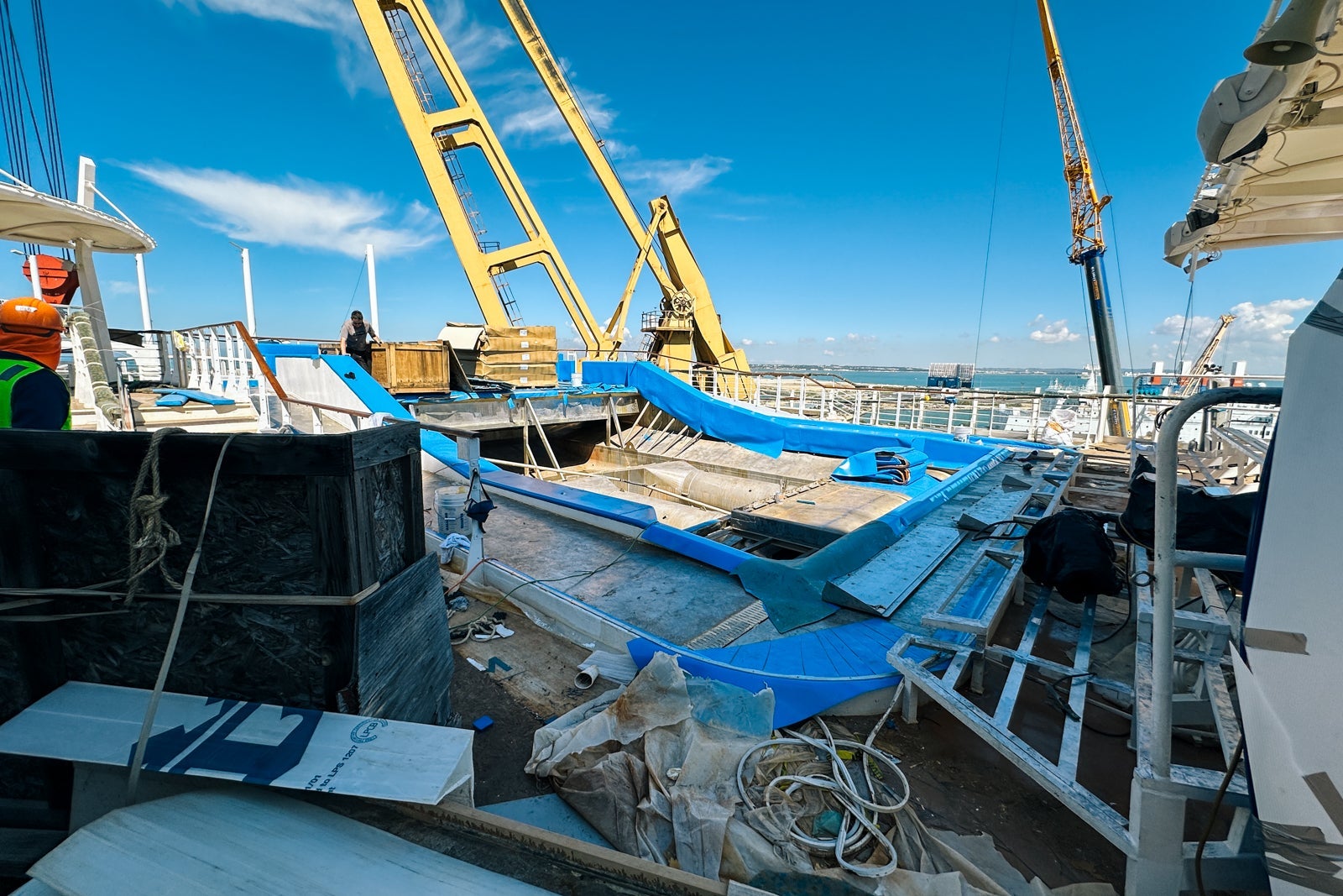 A Flowrider surf simulator under restoration on a cruise ship