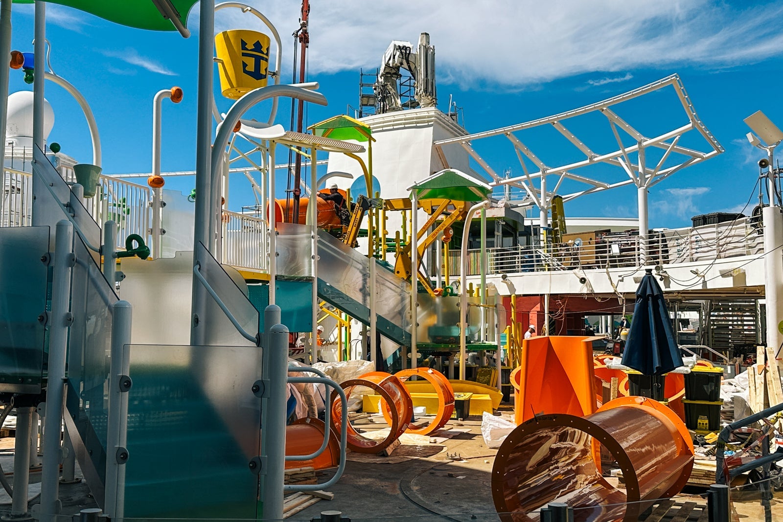 An under-construction kids water play area on a cruise ship