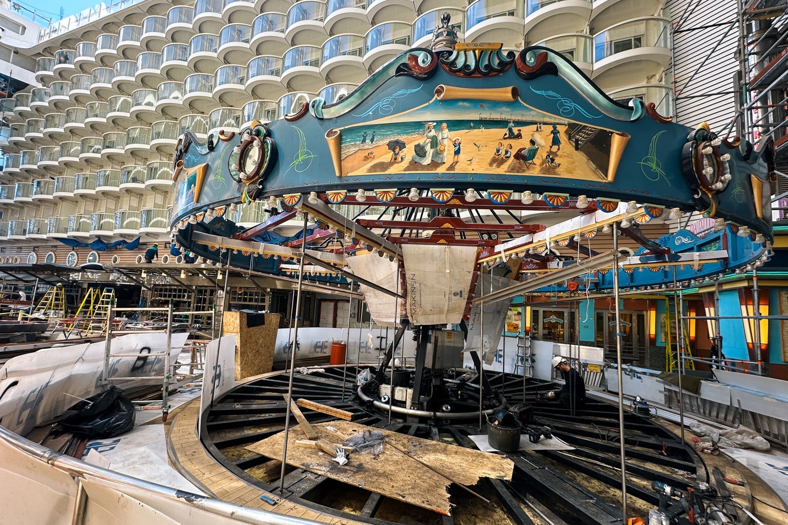 A carousel without its horses on an outdoor deck on a cruise ship