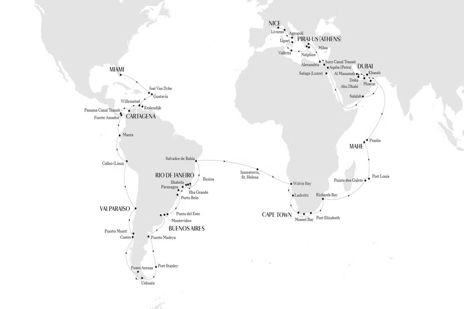 A map showing the port calls on a world cruise itinerary
