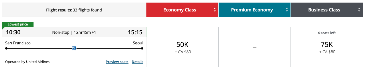 Aeroplan Award Ticket from SFO to ICN on United