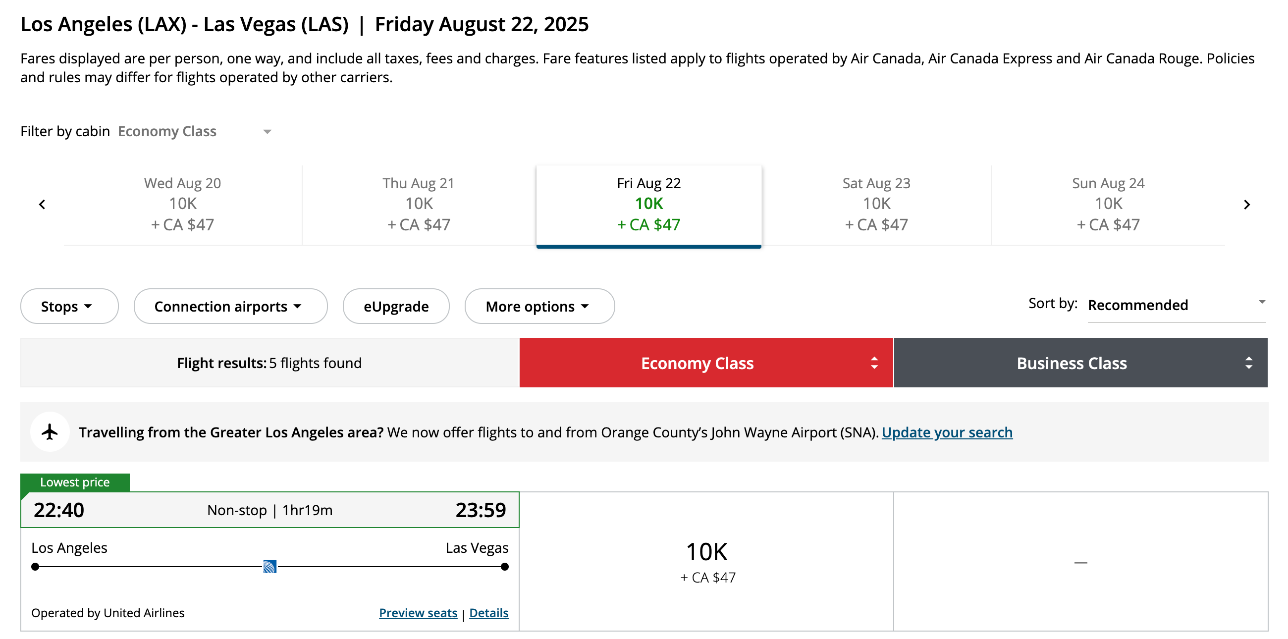 Aeroplan LAX-LAS new award rates