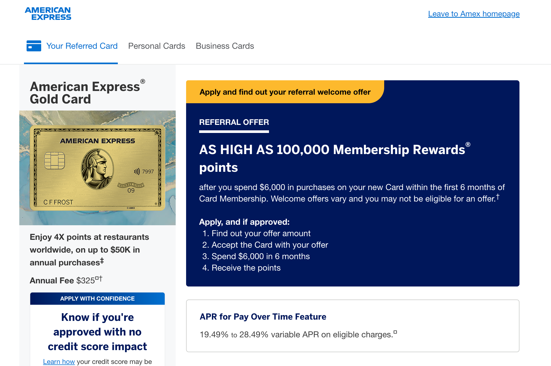 Amex Gold card referral page