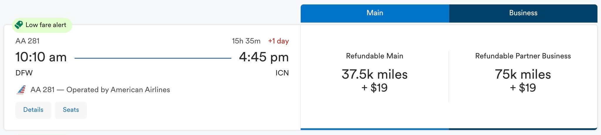 DFW ICN Alaska Airlines award ticket on American Airlines