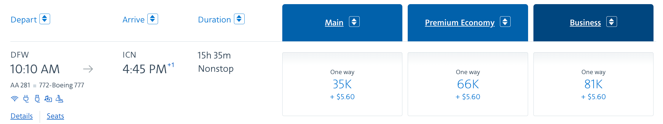 DFW ICN American Airlines award ticket