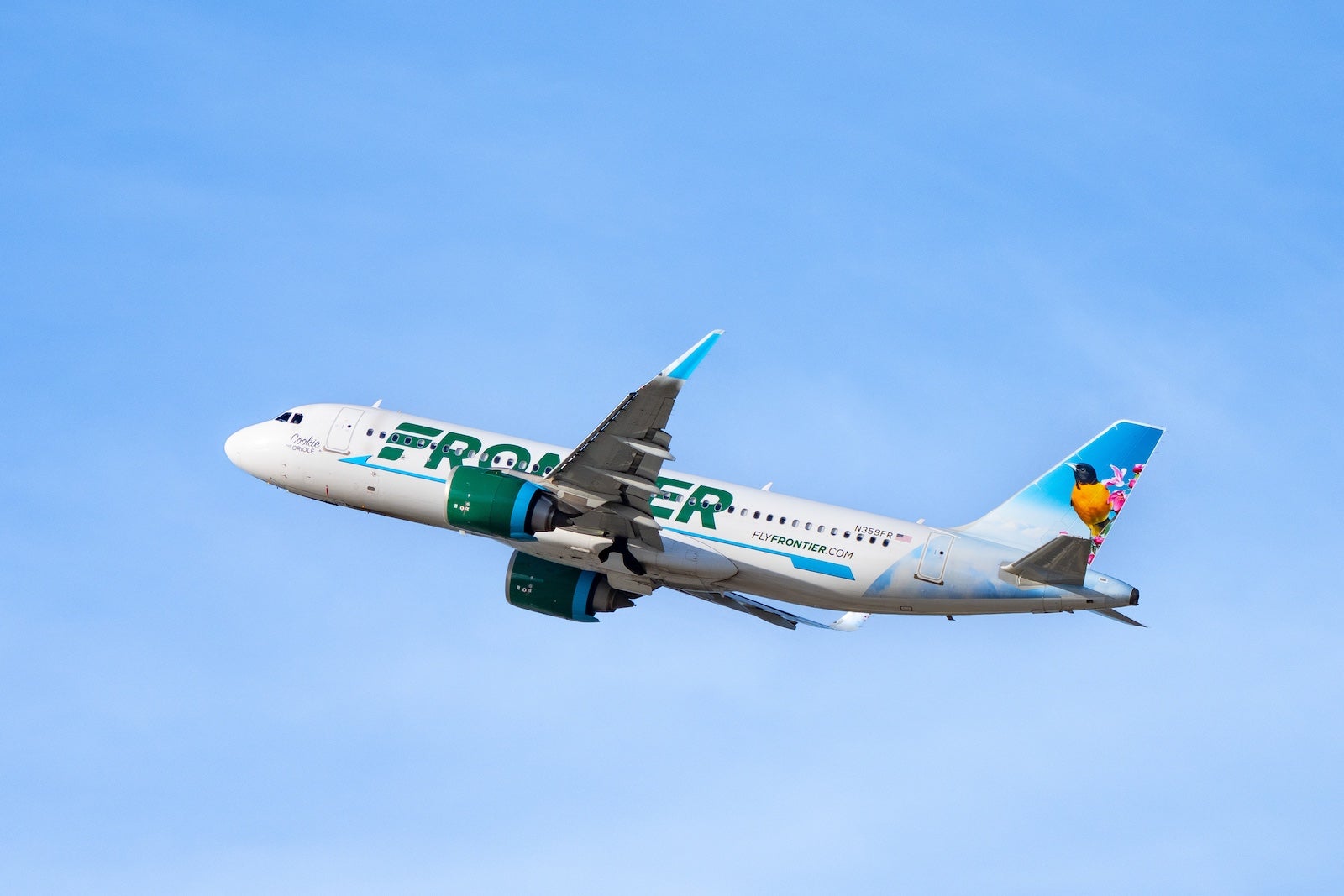 Frontier Airlines Airbus A320-251N, featuring Cookie the Oriole takes off from Los Angeles International Airport on January 24, 2025 in Los Angeles, California.