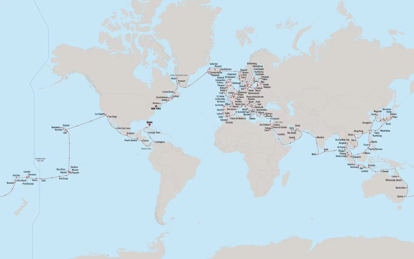 Map of Oceania Cruises' world cruise