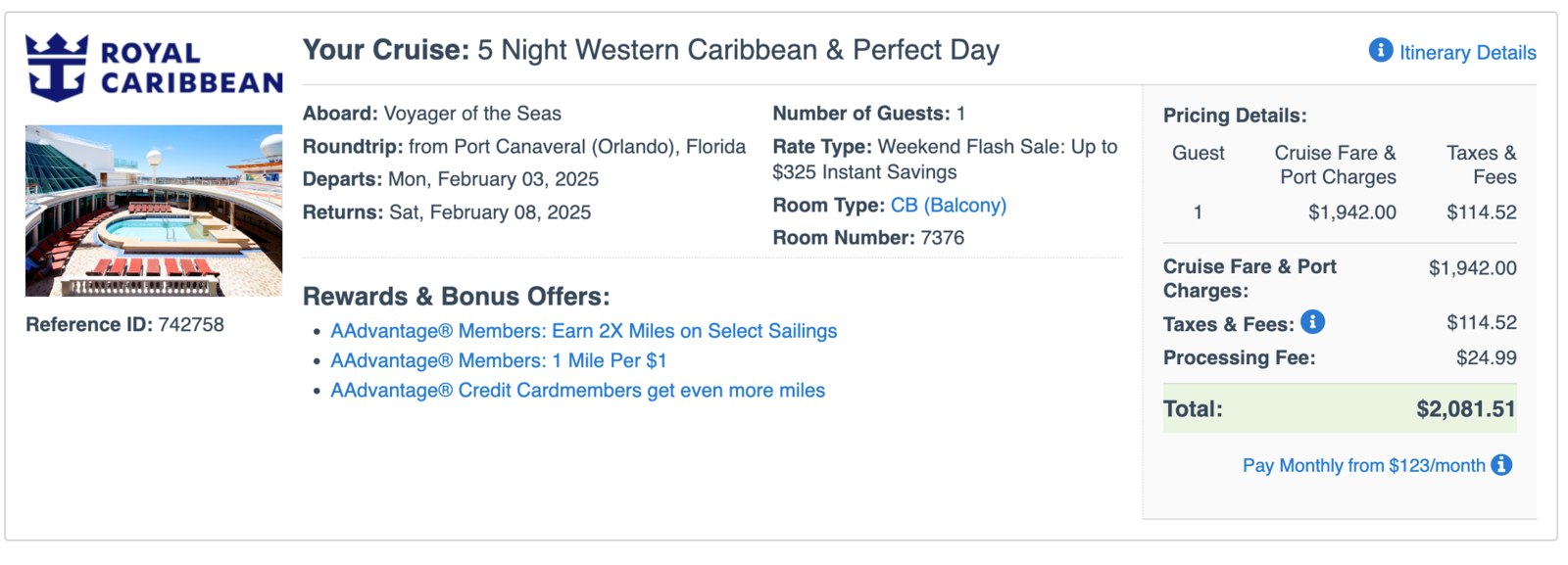Screenshot of cruise fare for one person
