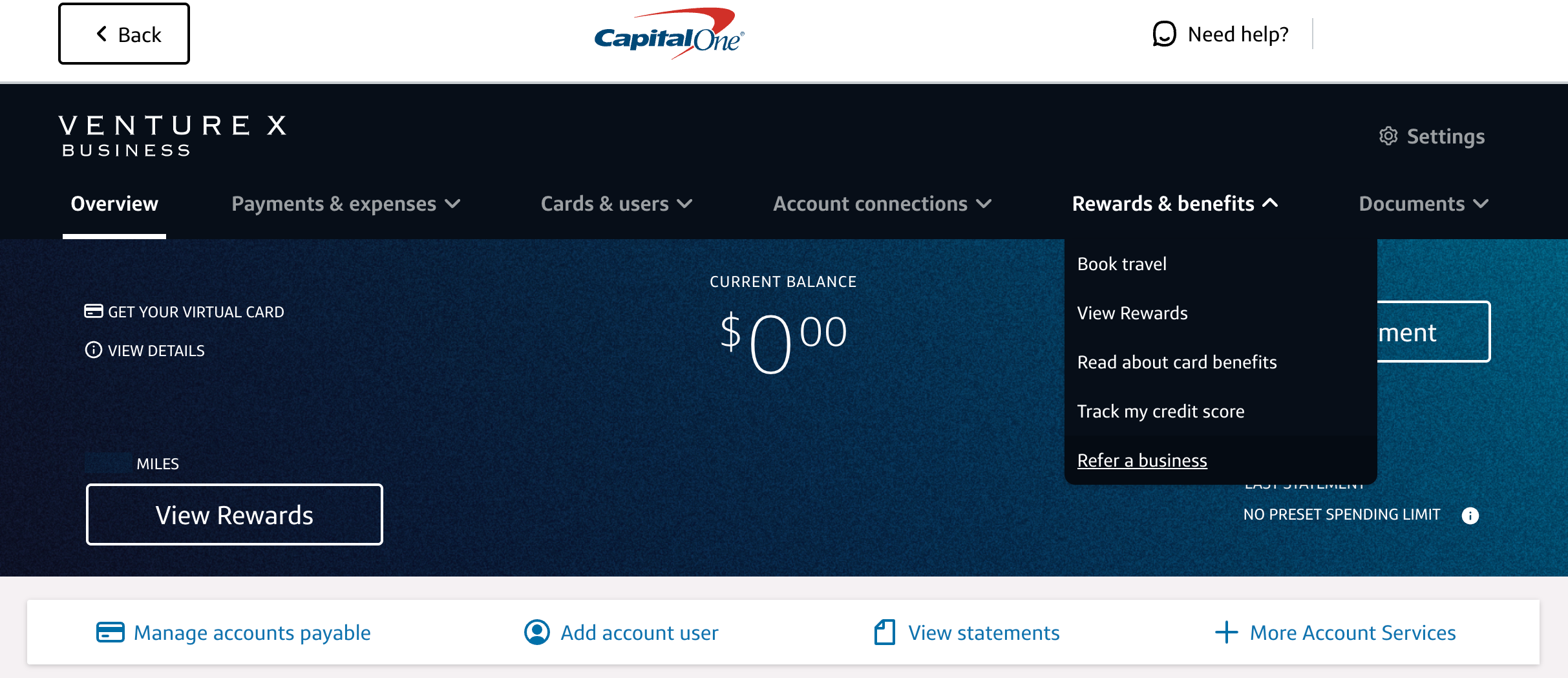 Refer a business option on Capital One website