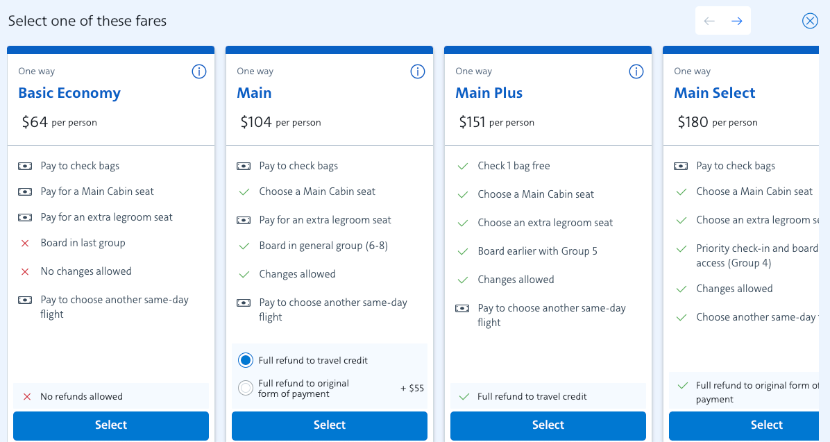 screenshot of AA basic economy fare restrictions