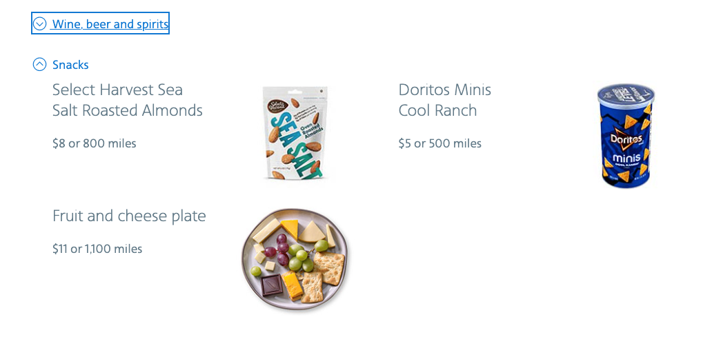 American Airlines buy on board menu