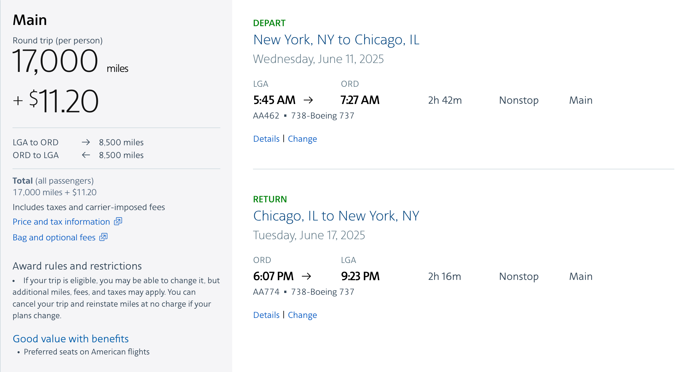 Flights from New York to Chicago in June using American Airlines AAdvantage miles.
