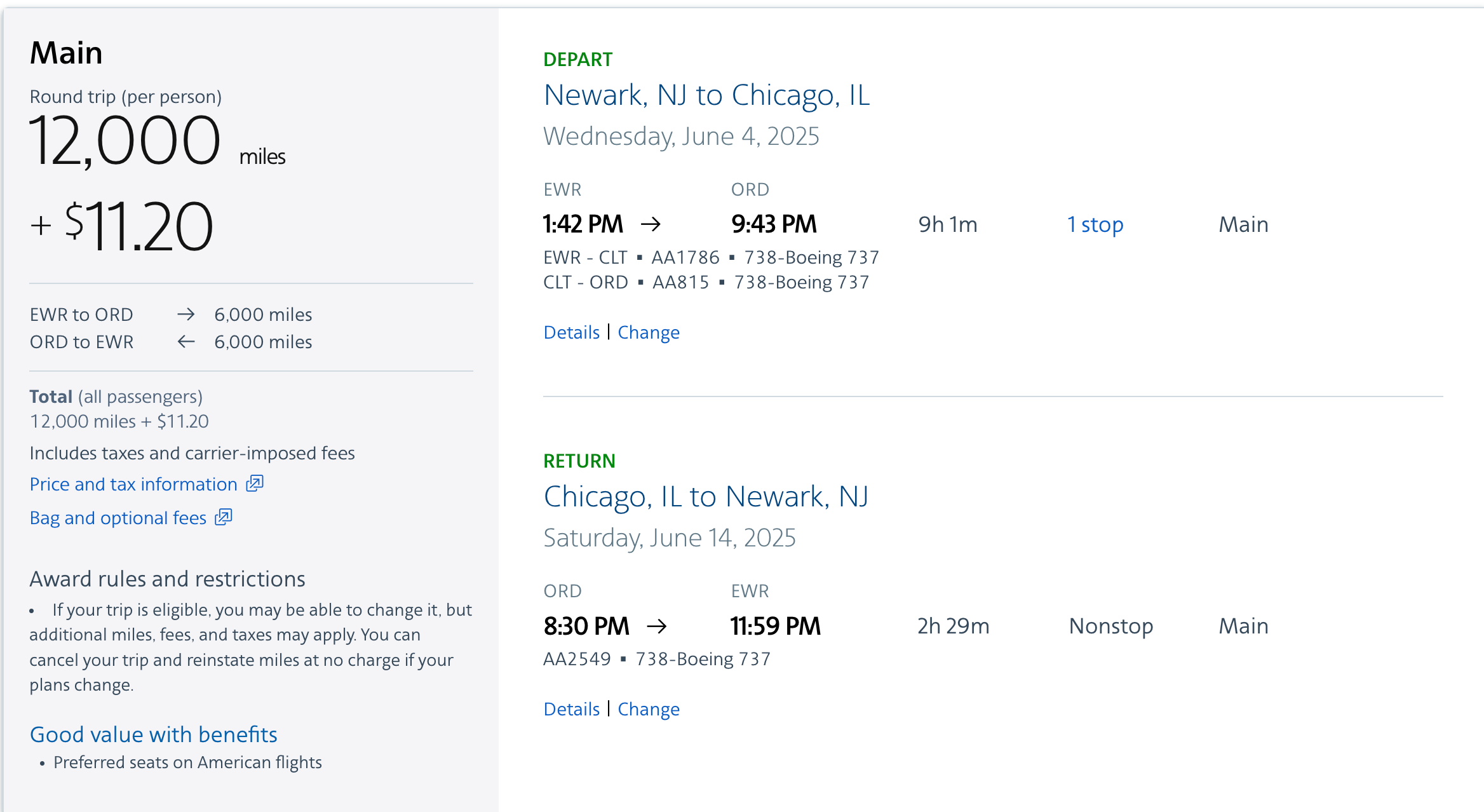 Flights from New York to Chicago in June using American Airlines AAdvantage miles. AA.COM