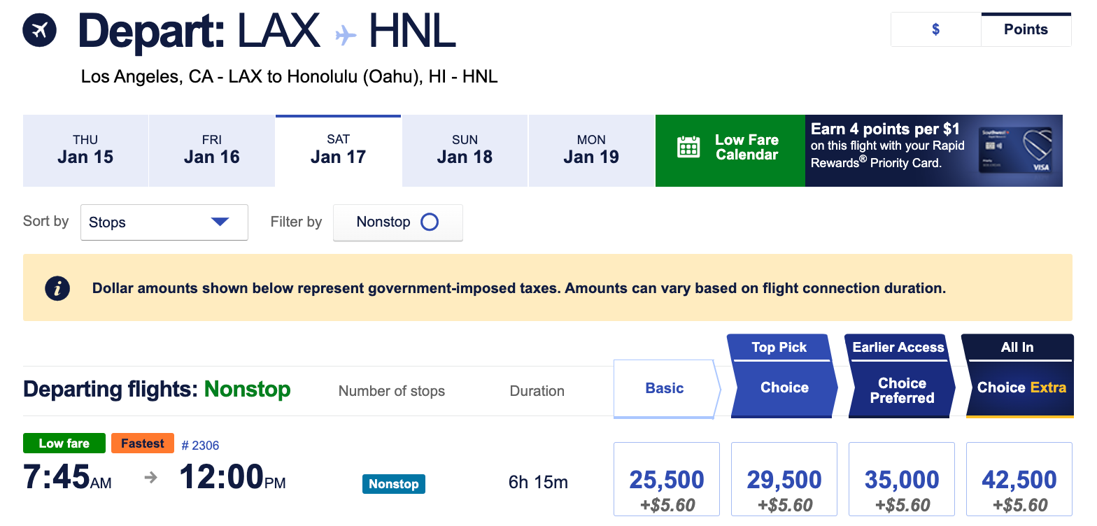 How to redeem Southwest Rapid Rewards points Southwest LAX-HNL Jan points