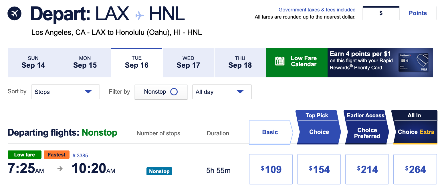 Southwest LAX-HNL Sep cash