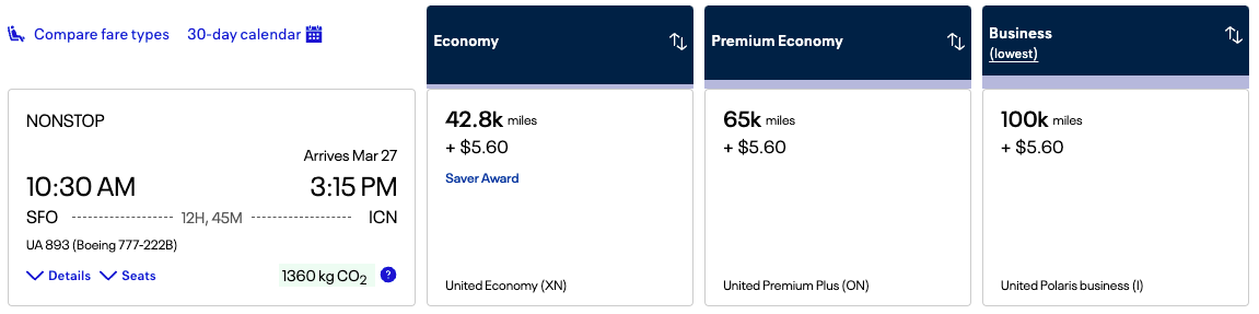 United Airlines Award Ticket from SFO to ICN