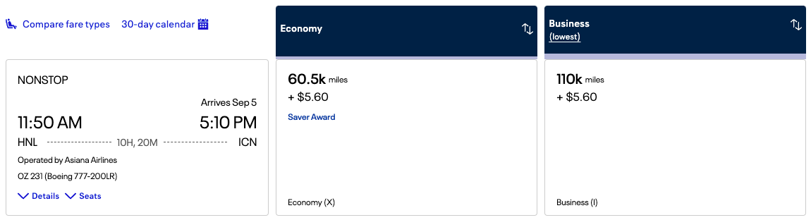 United Award Ticket from HNL to ICN on Asiana