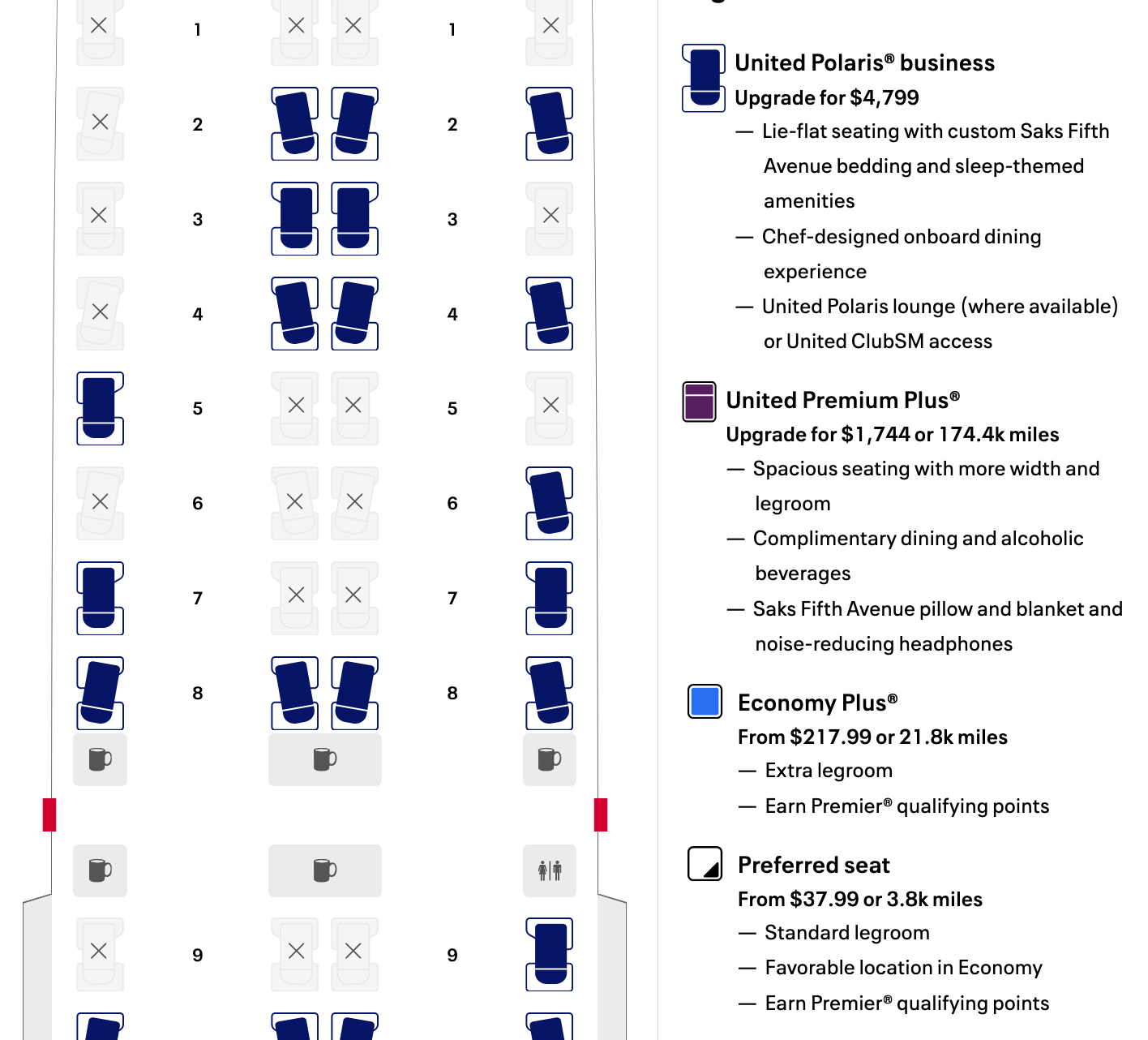 United seat upgrade options in cash and miles