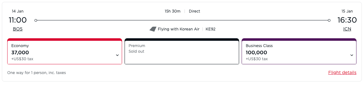 Virgin Atlantic award ticket from BOS to ICN on Korean Airlines