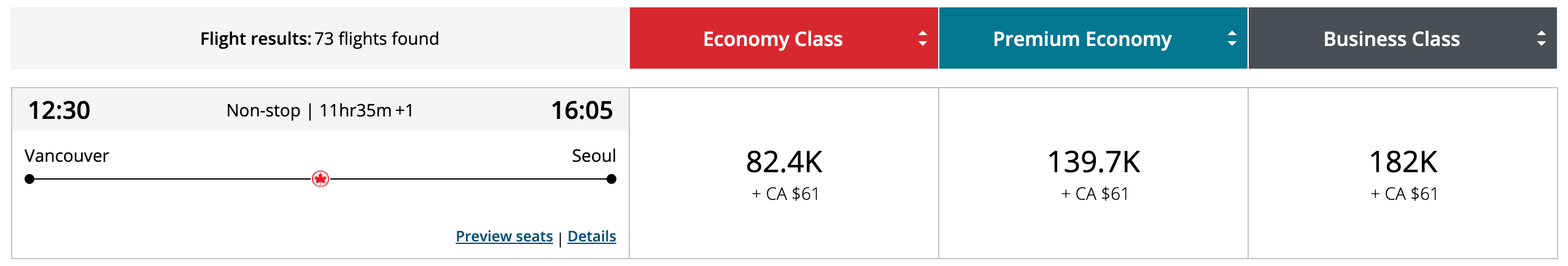 YVR to ICN Air Canada