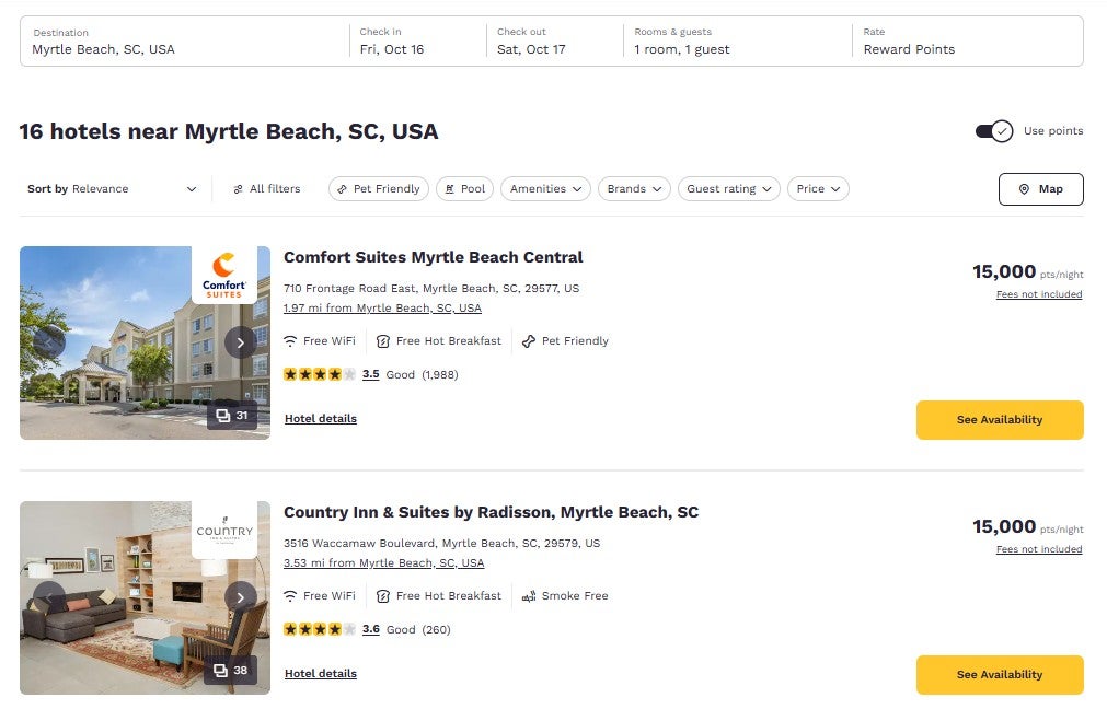 Choice Hotels award nights in South Carolina