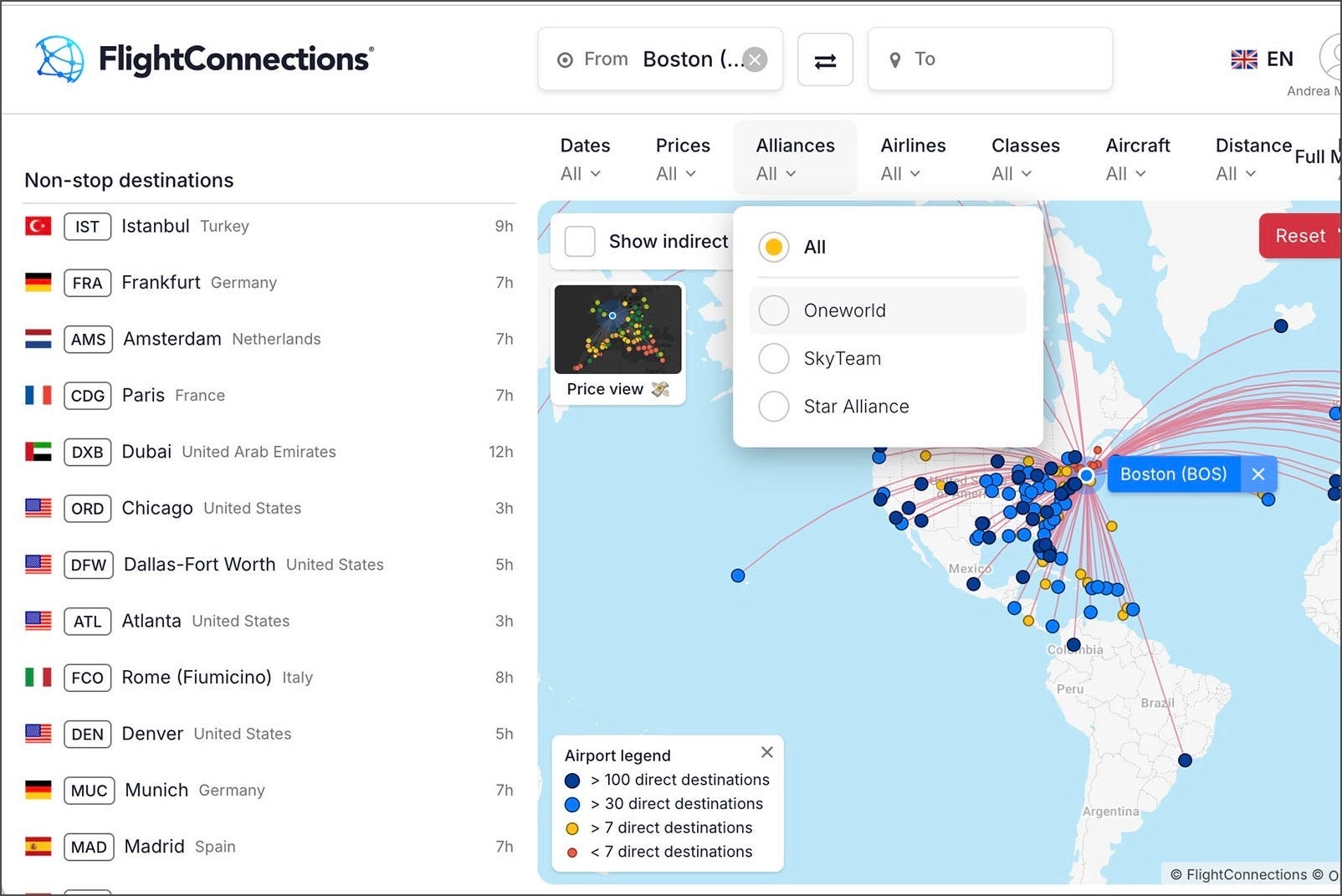 screenshot of FlightConnections.com showing routes from Boston Logan Airport