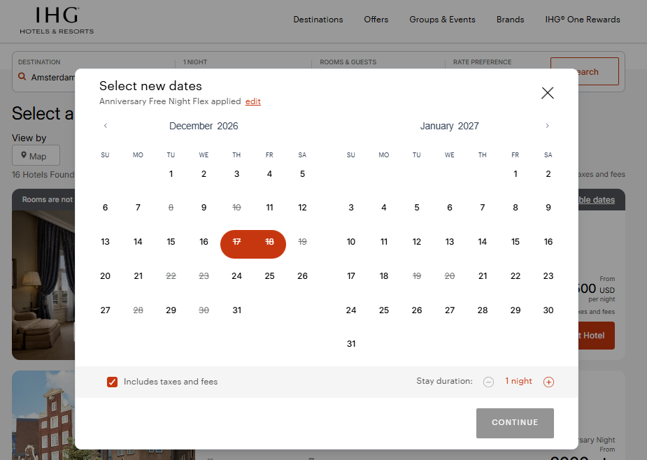 Calendar for IHG free night certificate availability