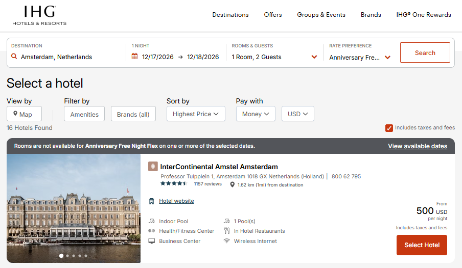 No availability to use an IHG free night certificate