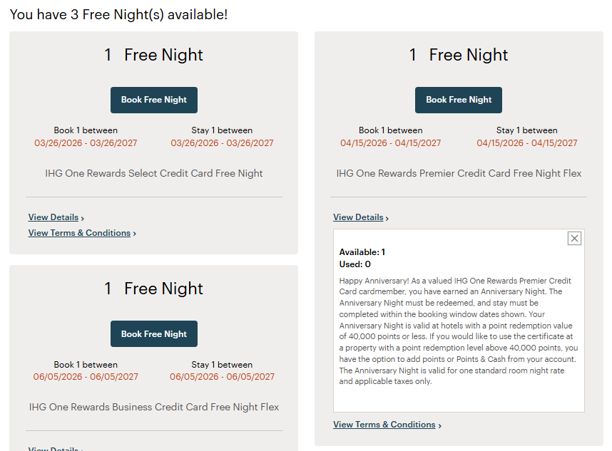 IHG free night certificates showing in account