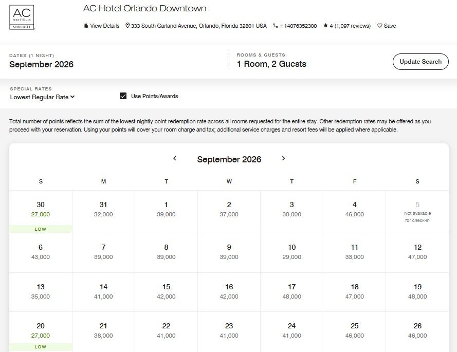 Marriott award calendar