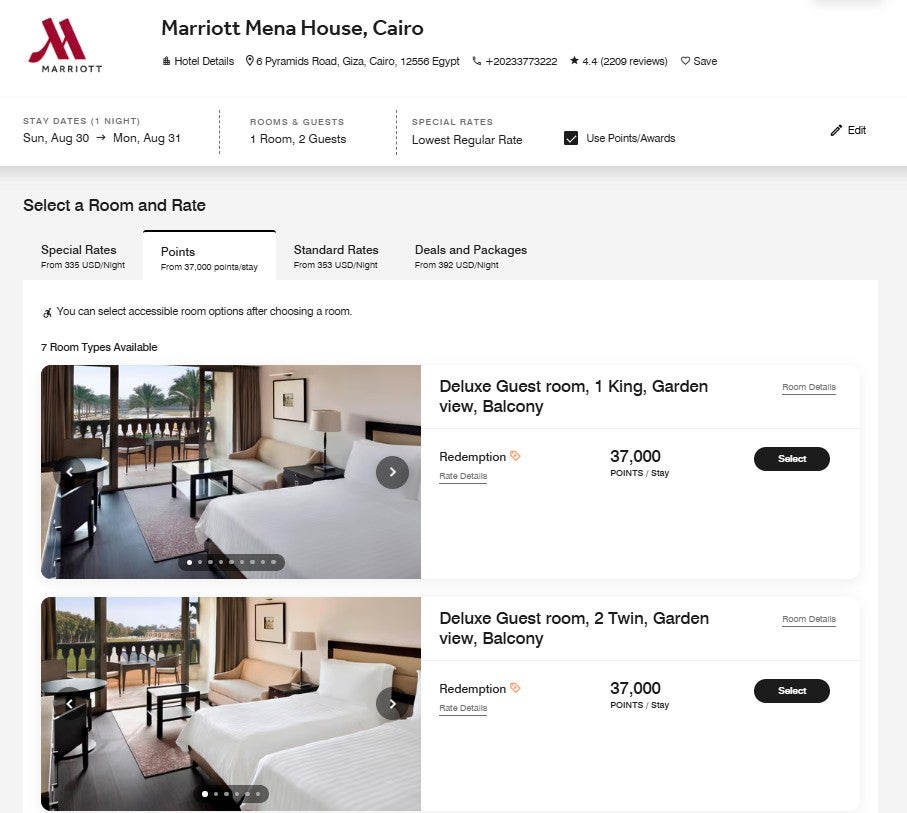 Marriott award rates for a property in Egypt