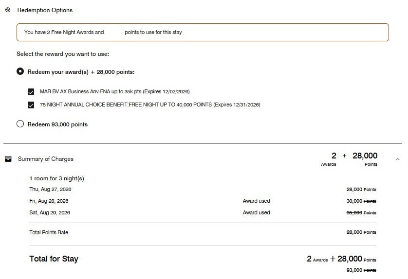 Booking a multi-night stay with Marriott points and certificates