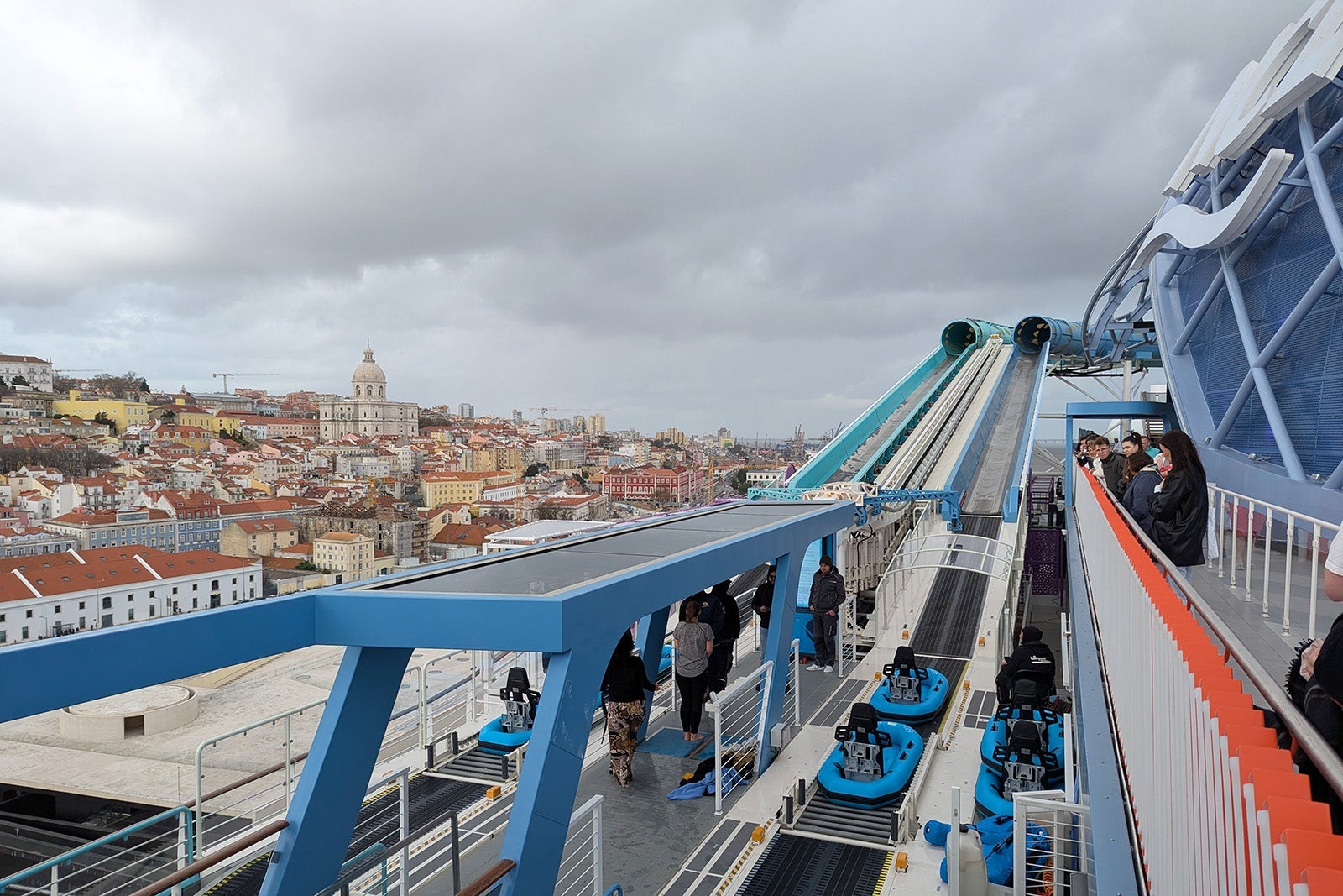 Conveyer belt and half pipe that lead into a cruise ship thrill ride