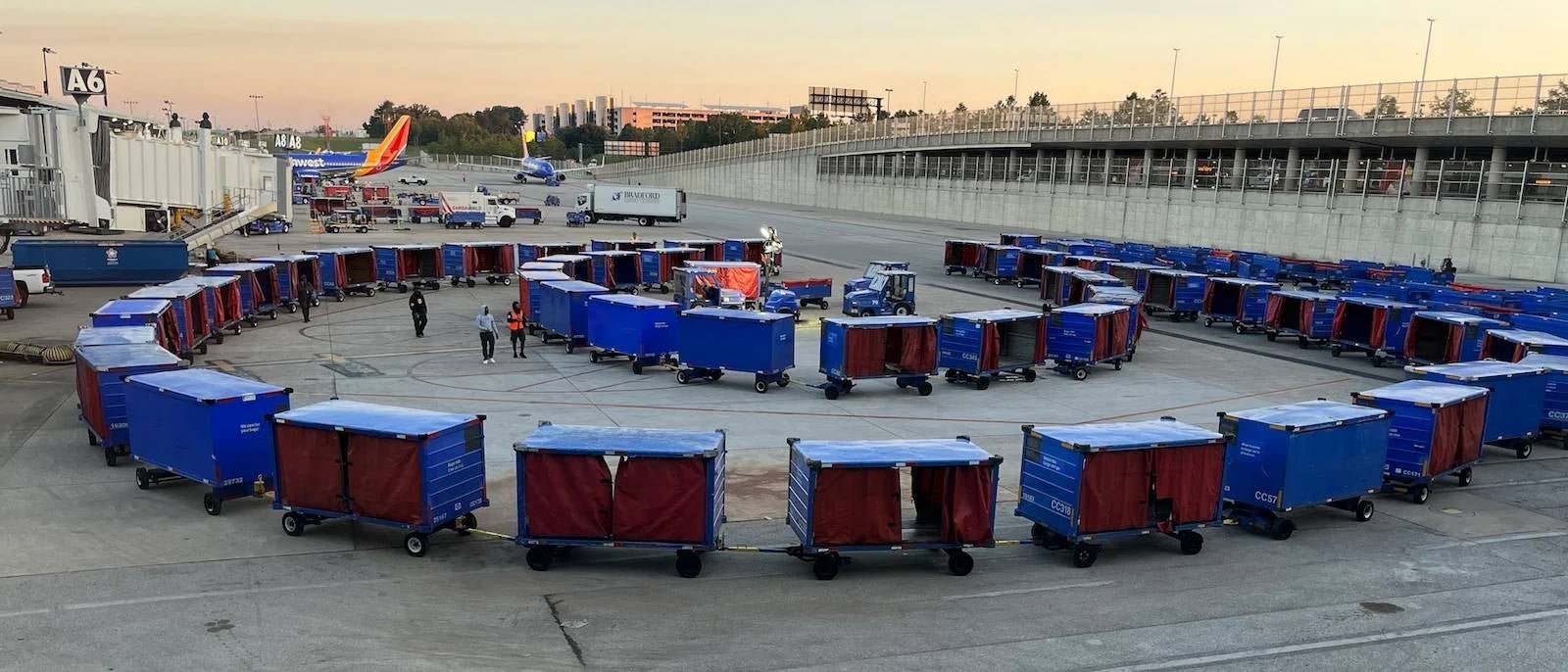 Southwest baggage carts at BWI Airport in Baltimore, Maryland