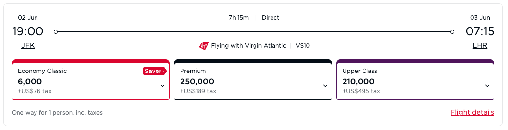 Virgin Atlantic award availability