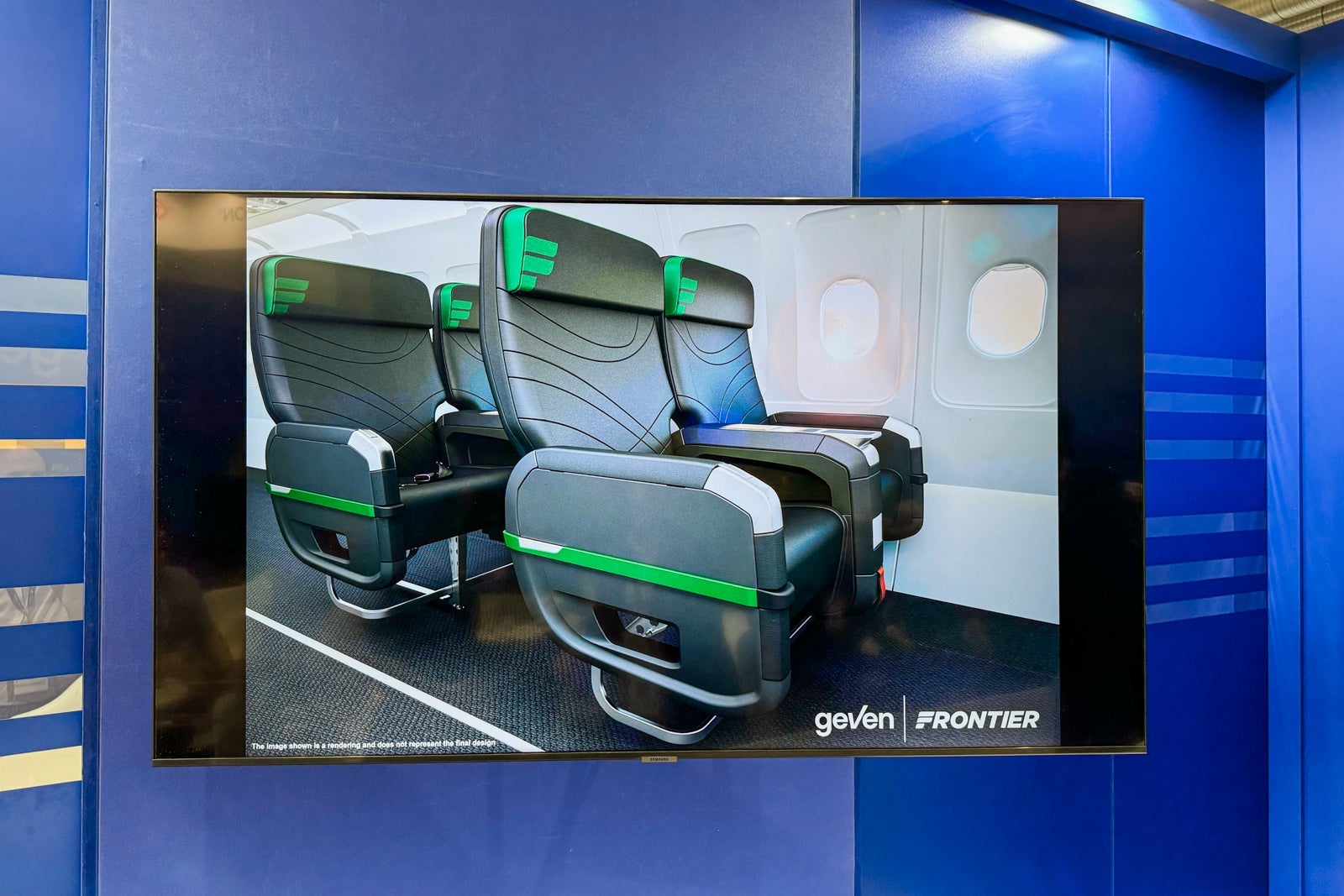 A mock-up of Frontier's new first-class seats on display