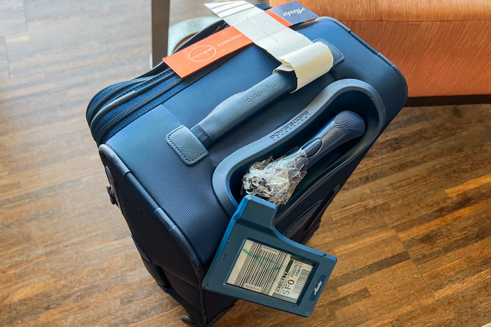 suitcase with digital bag tag