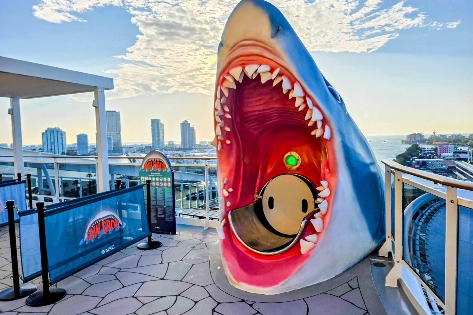 Jaw Drop dry slide entrance (sharks mouth) aboard MSC World America