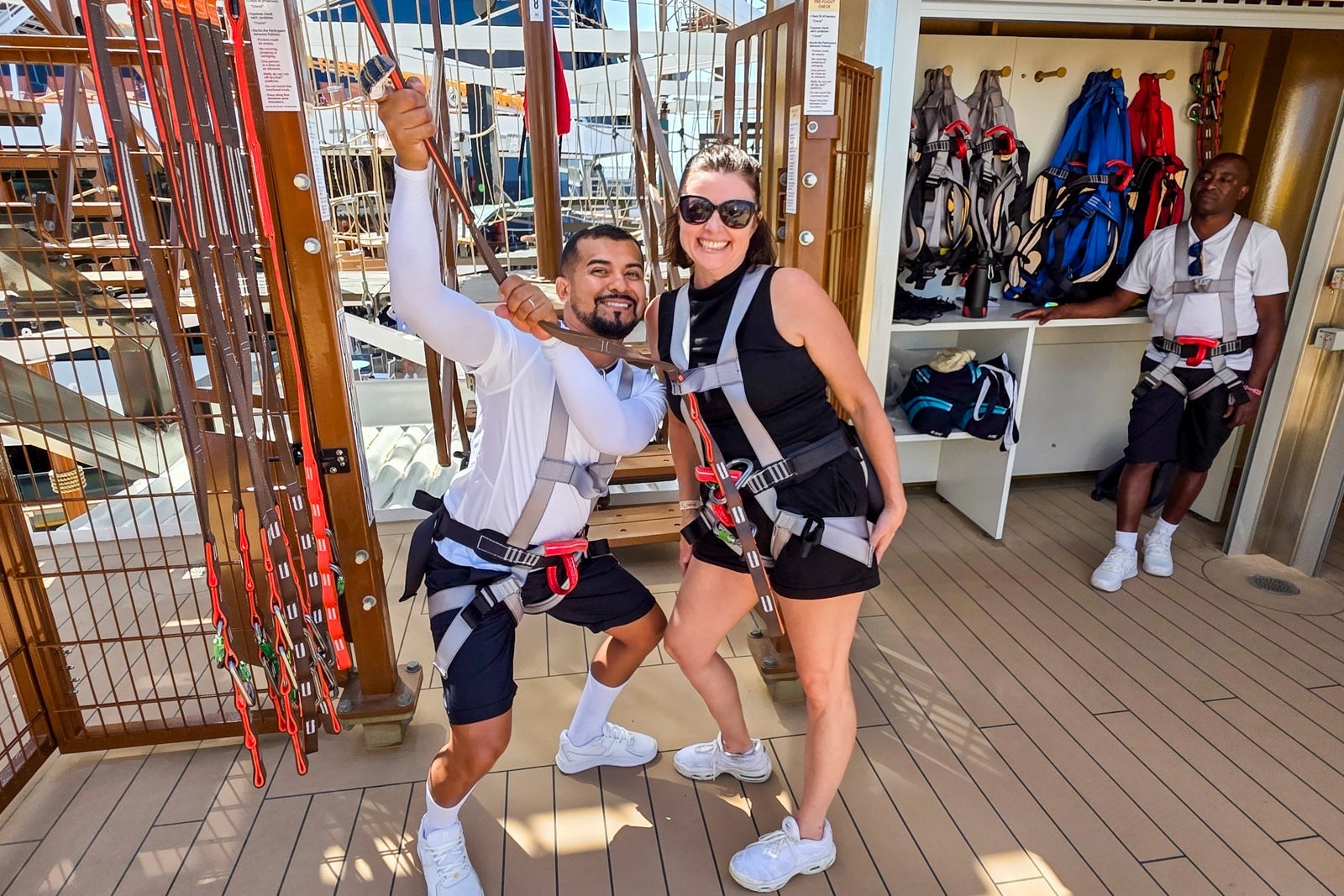 the harness needed to explore the ropes course aboard MSC World America