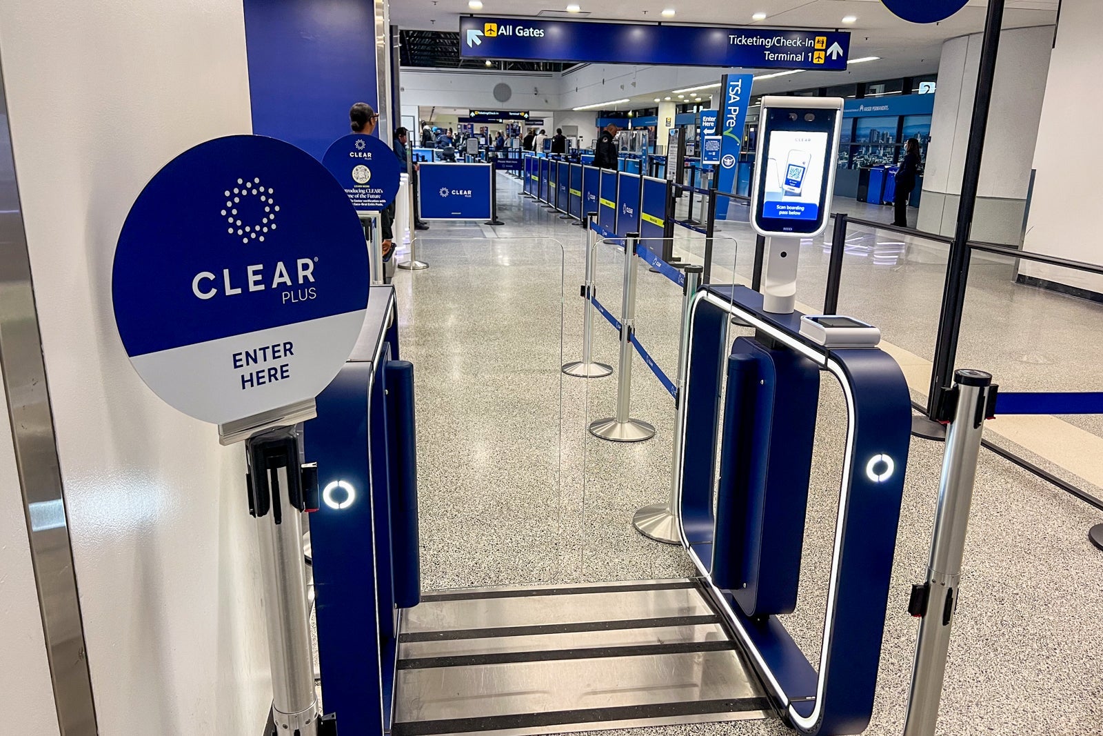 Clear partnering with TSA, unveils new biometric 'e-gates' at 3 major airports Oakland San Francisco Bay Airport (OAK) Clear boarding e-gate.