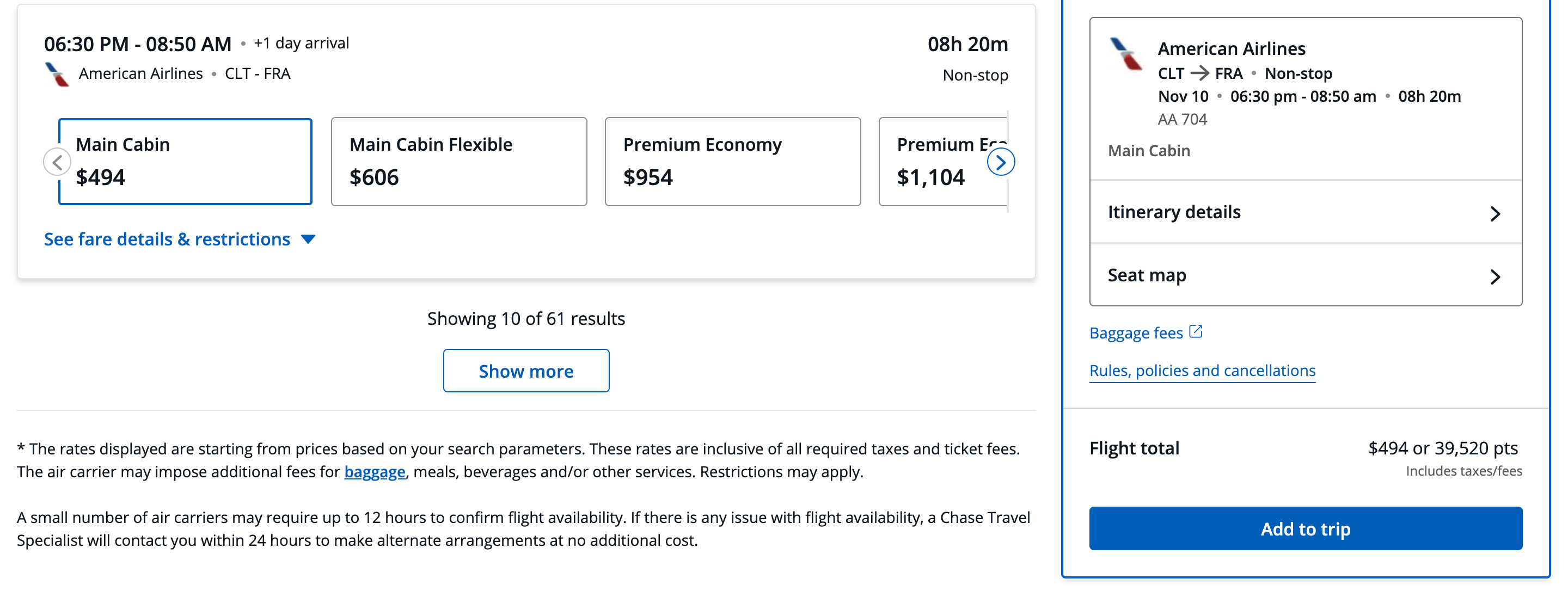 American flight CLT-FRA booked through Chase Travel