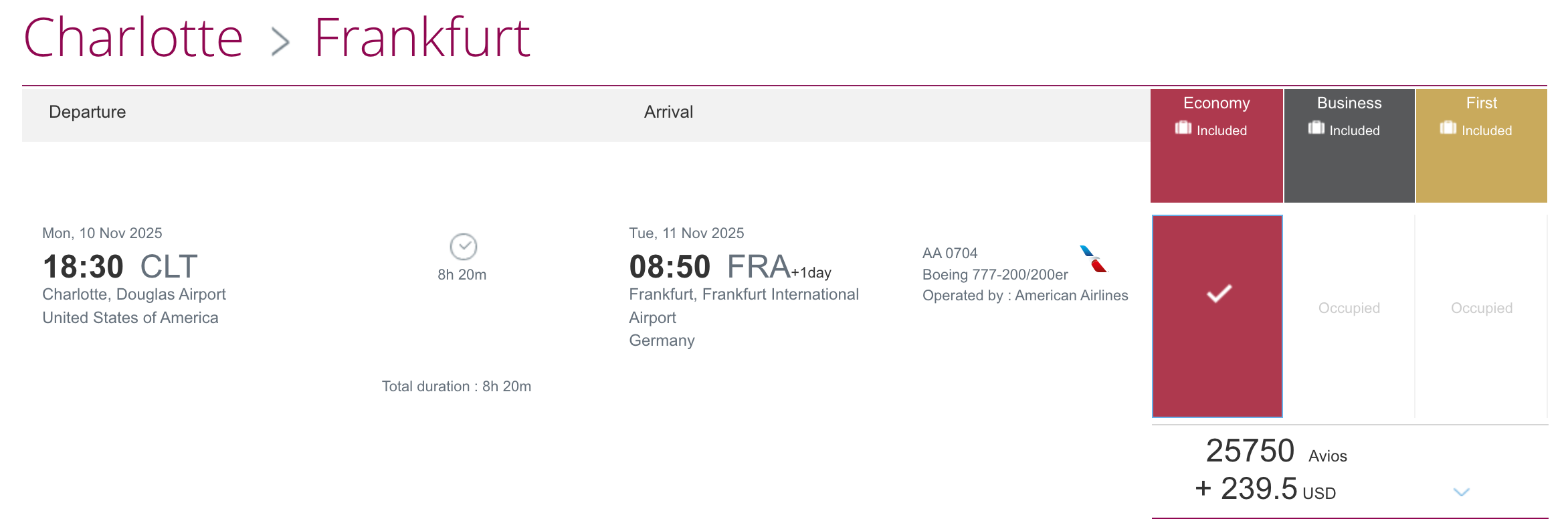 American flight CLT-FRA booked through Qatar Airways