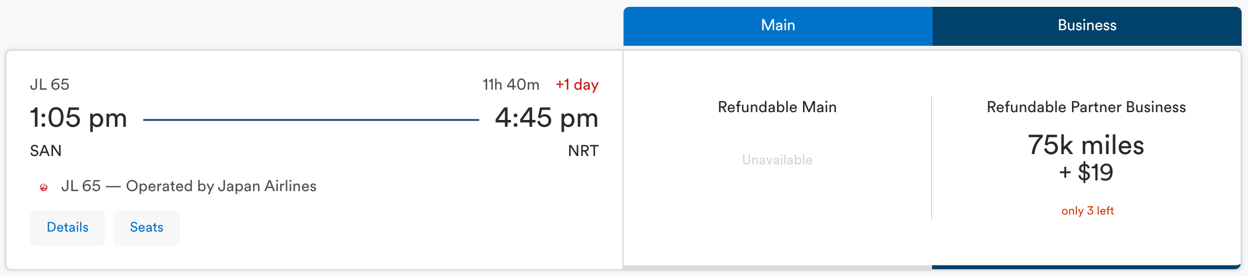 Alaska JAL SAN-NRT business